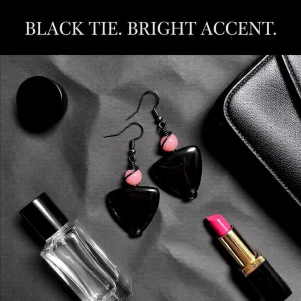 "Little Black Dress" Statement Earrings: Black Jasper & Pink Agate - Picture 1 of 10